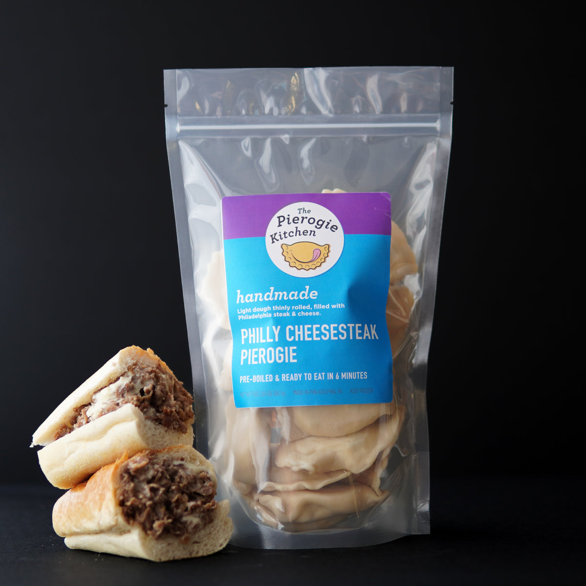 Frozen Philly cheesesteak pierogies in clear pouch