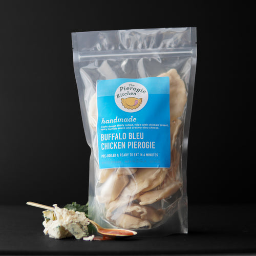 Frozen buffalo bleu chicken pierogie bag, ready to cook