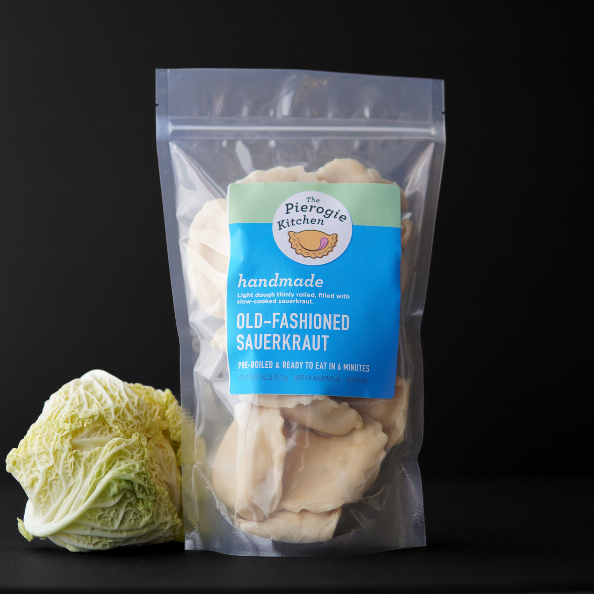 Frozen sauerkraut pierogi in clear plastic bag