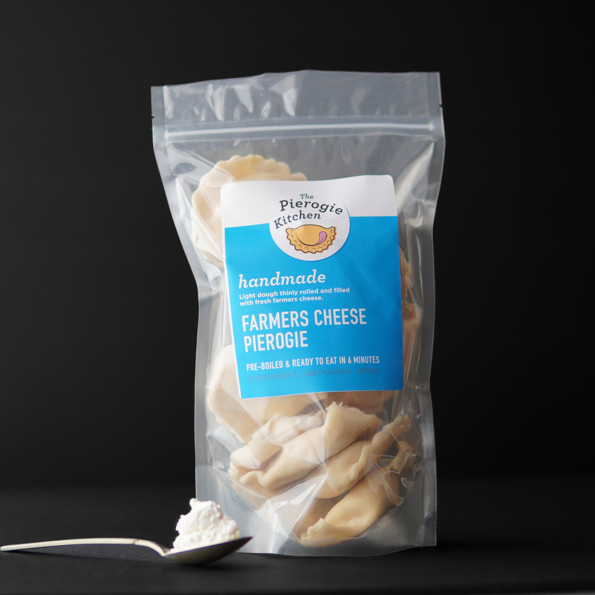 Frozen farmers cheese pierogies in clear resealable pouch with printed label