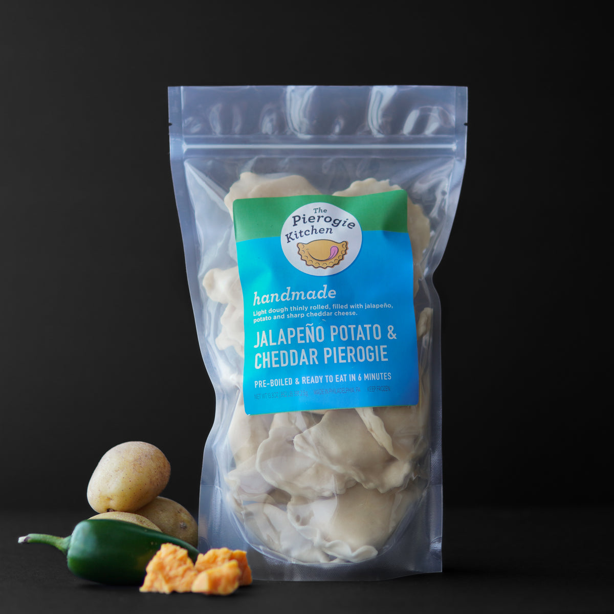 Frozen pierogies, jalapeño potato & cheddar, in clear resealable bag