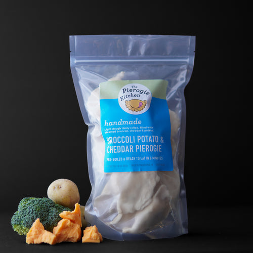 Frozen pierogie pouch with broccoli, potato, and cheddar filling
