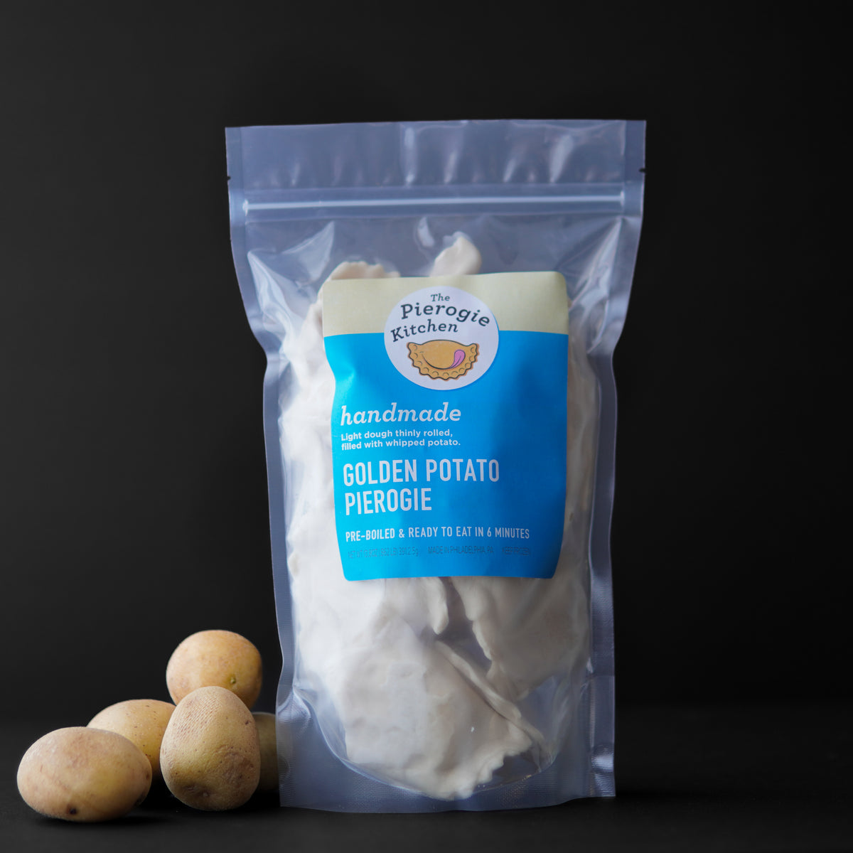Frozen potato pierogi in sealed foil pouch